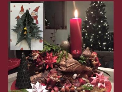 Juledekoration og et klippet juletræ.