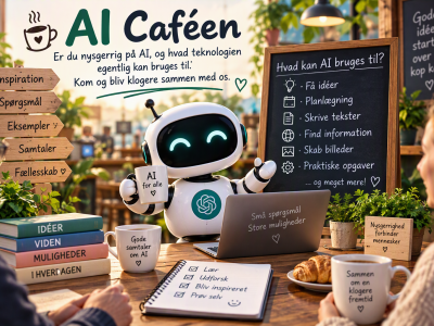 "Lille robot, der byder velkommen til AI-cafeen."
