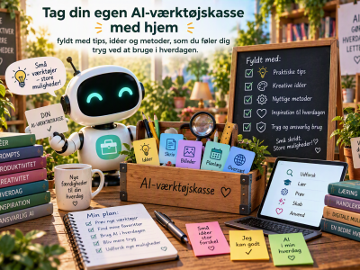 "Lille robot foran en værktøjskasse med kunstig intelligens."