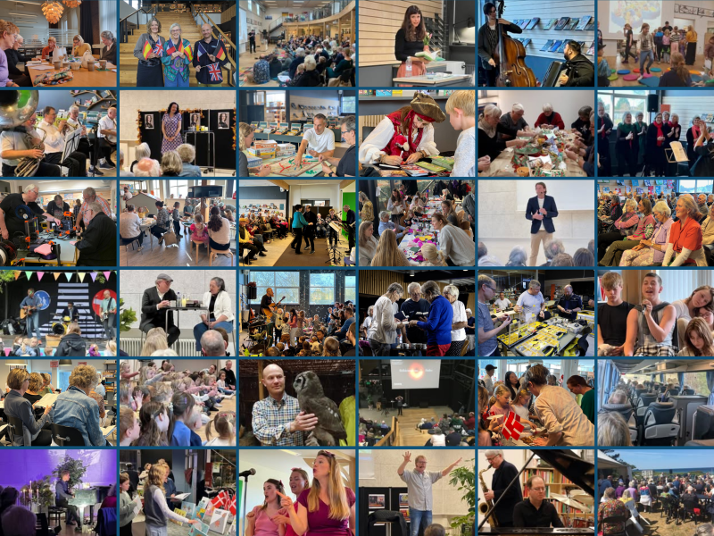 6x6 billedgrid med billeder fra bibliotekernes arrangementer.